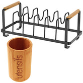 Kit Organizador para Tampas de Panela Aço Preto e Porta Talheres e Utensílios Bambu Yoi